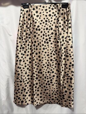 Beige and Black Spotted Satin Midi Skirt
